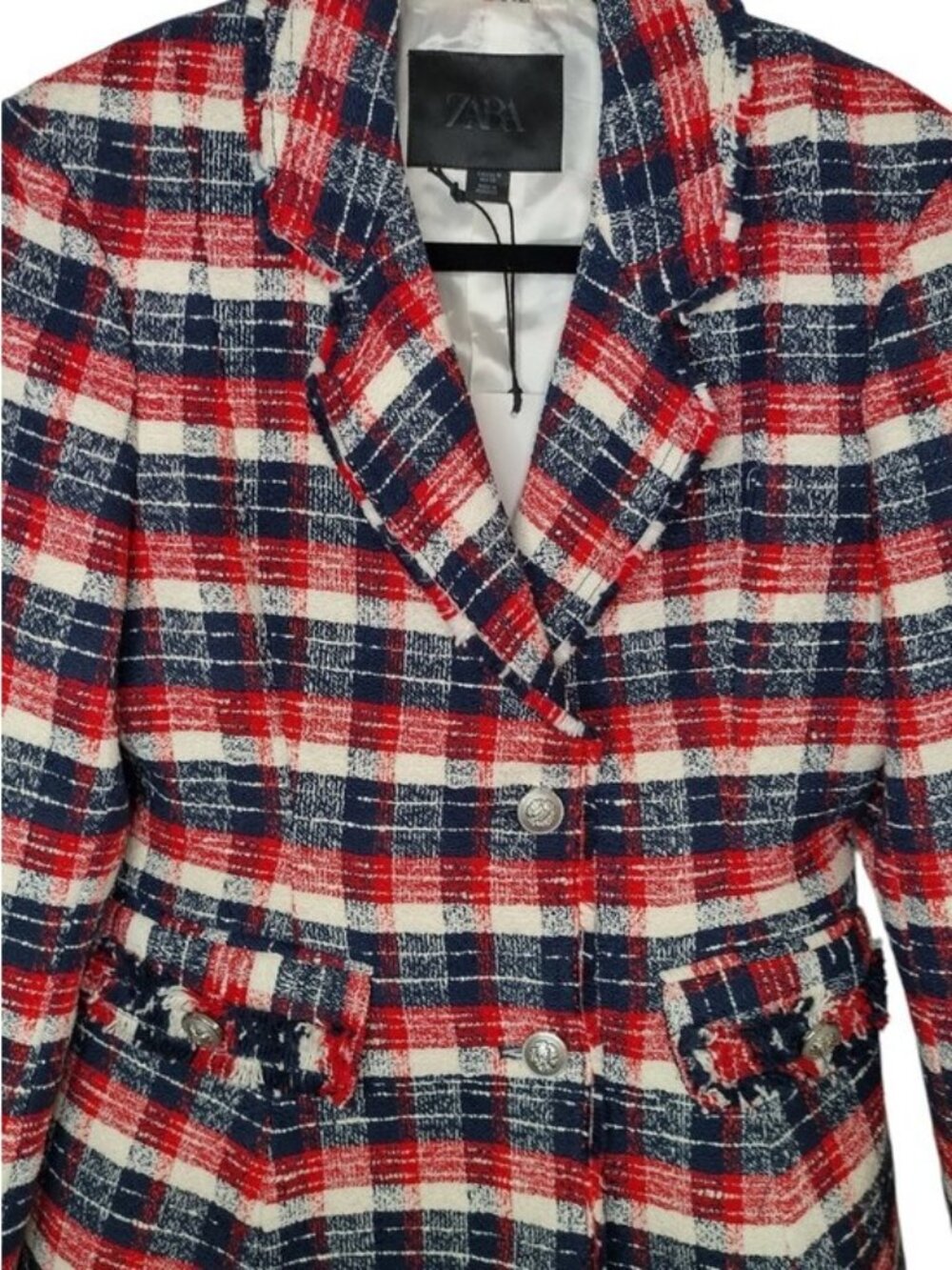 Zara ZW Woman Red White and Navy Plaid Tweed Pelham Blazer Jacket M